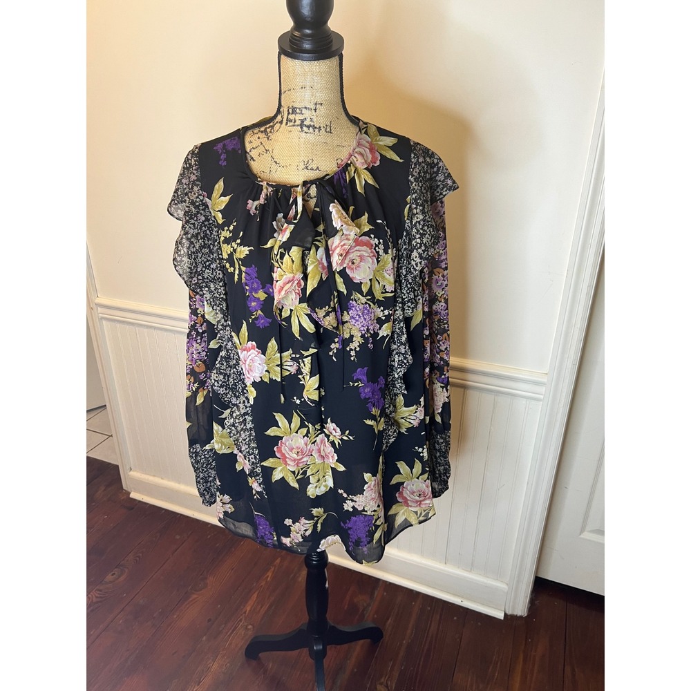 Lauren Ralph Lauren Woman Floral Patchwork Blouse Top Black Purple Pink Size 3XL